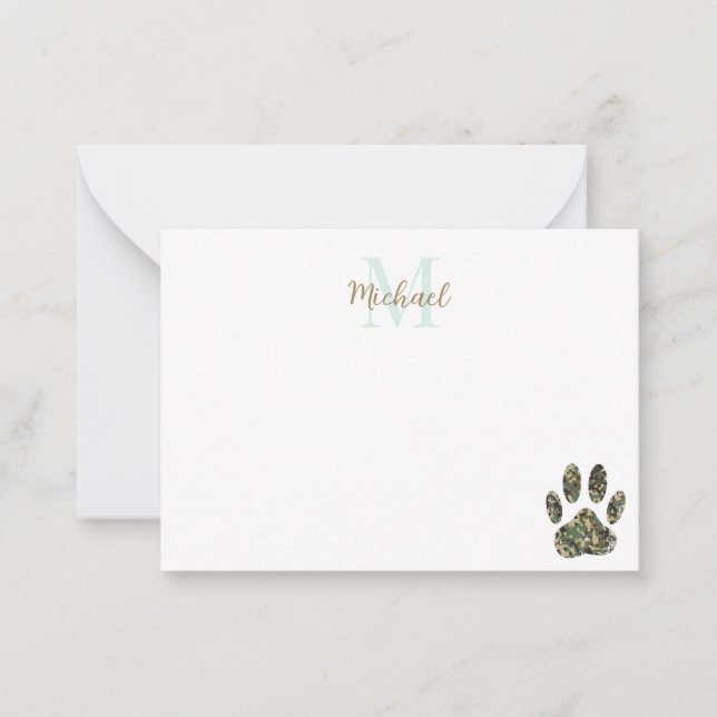 Tarjeta Pequeña Distressed Camo Dog Paw Print Monogram (Anverso)