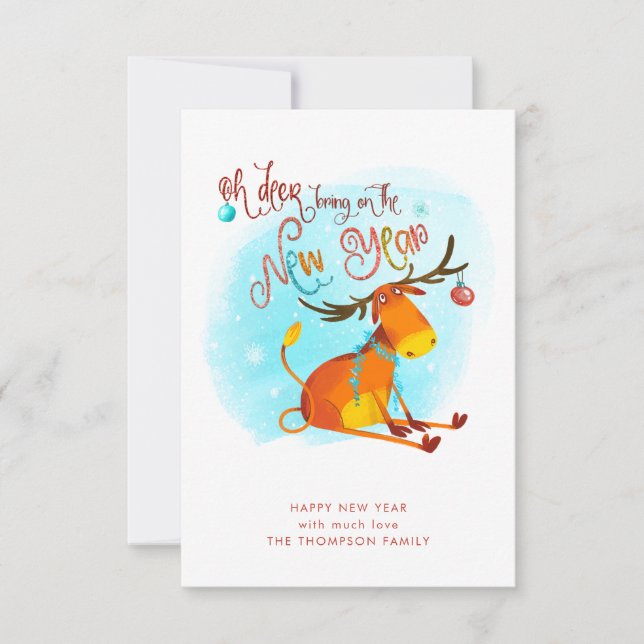 Tarjeta Pequeña Diversión Oh Deer Trae Los Saludos De Año Nuevo (Anverso)