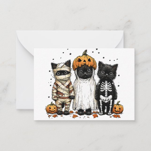 Tarjeta Pequeña Divertidos tres gatos de Halloween (Anverso)