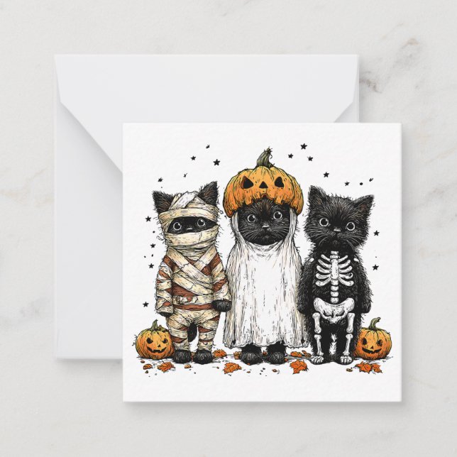 Tarjeta Pequeña Divertidos tres gatos de Halloween (Anverso)