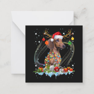 Tarjeta Pequeña Diviértete Santa Dachshund Reno Luz Navidad