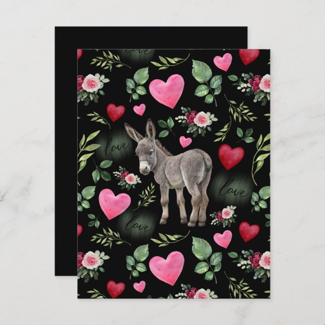 Tarjeta Pequeña Donkey Love Valentine’s Day Card in Black (Anverso / Reverso)