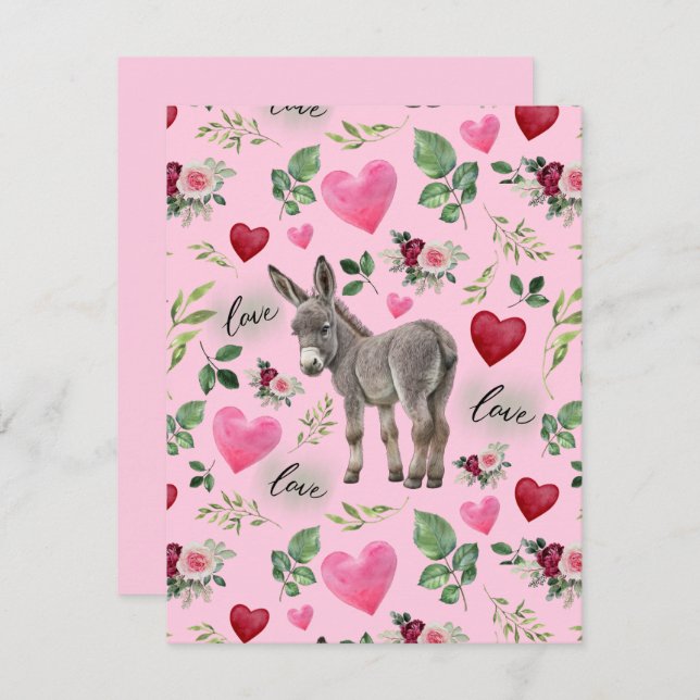 Tarjeta Pequeña Donkey Love Valentine’s Day Card in Pink (Anverso / Reverso)