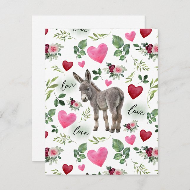 Tarjeta Pequeña Donkey Love Valentine’s Day Card in White (Anverso / Reverso)