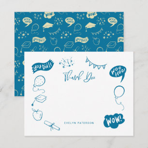 Tarjeta Pequeña Doodle Blue De Graduación Moderna Gracias