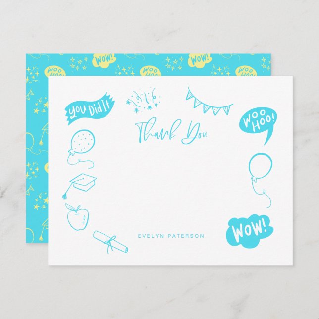 Tarjeta Pequeña Doodle Blue Lime De Graduación Moderna Gracias (Anverso / Reverso)