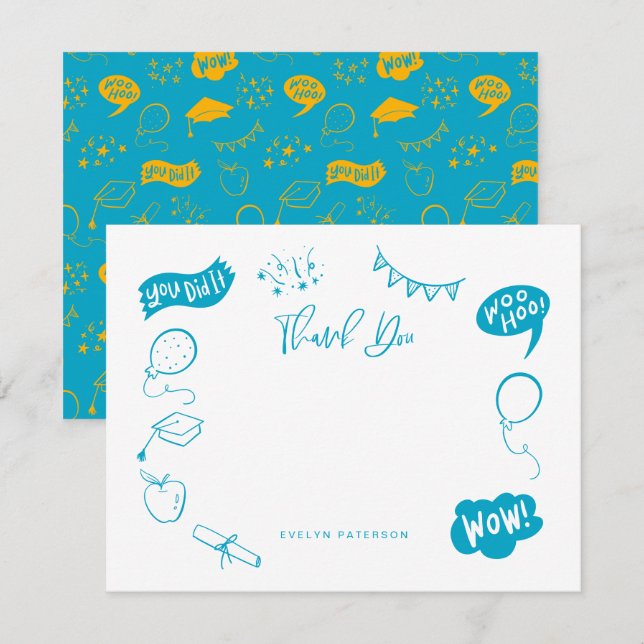 Tarjeta Pequeña Doodle moderno de graduación amarillo azul gracias (Anverso / Reverso)