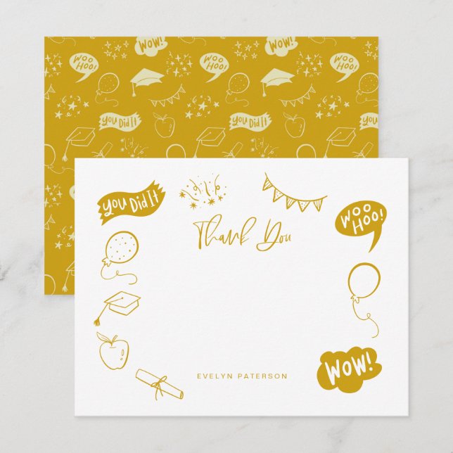 Tarjeta Pequeña Doodle moderno de graduación Amarillo Gracias (Anverso / Reverso)