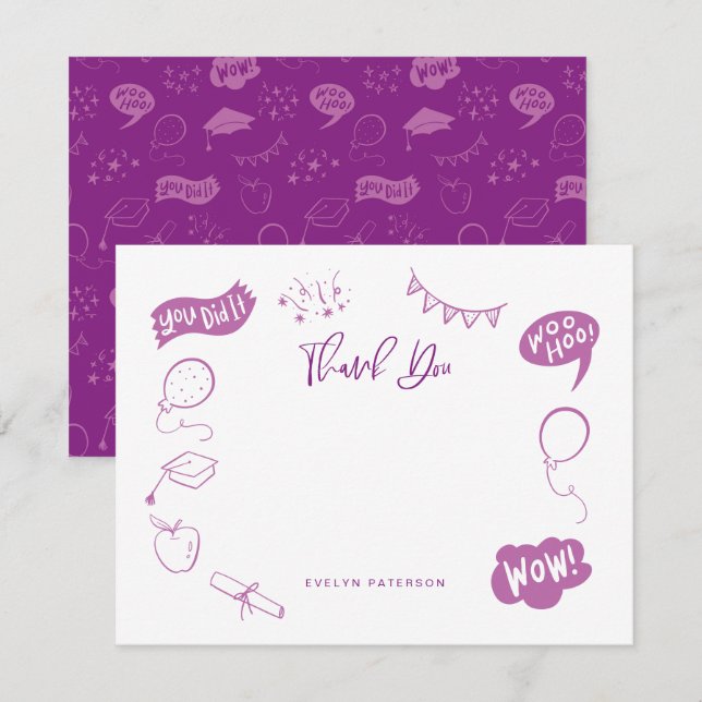 Tarjeta Pequeña Doodle Purple moderno de graduación Gracias (Anverso / Reverso)