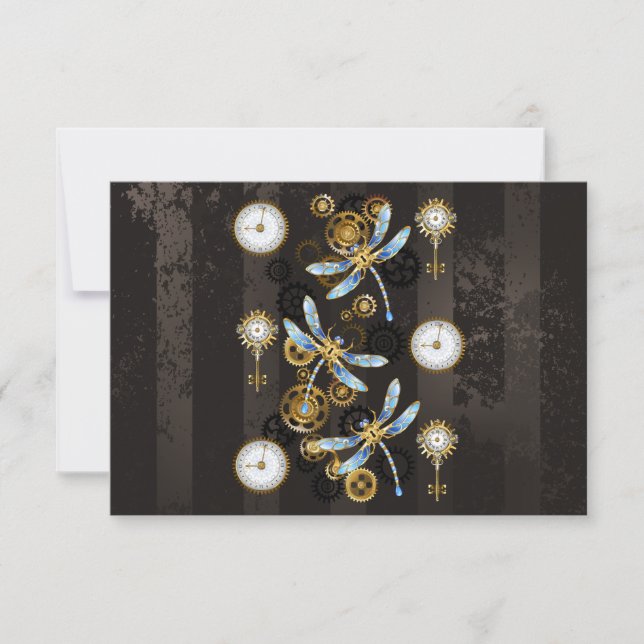 Tarjeta Pequeña Dragoniscos de Steampunk sobre fondo rayado marrón (Anverso)