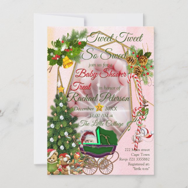 Tarjeta Pequeña Ducha de Bebé de Navidad con Brillo Dorado Geométr (Anverso)