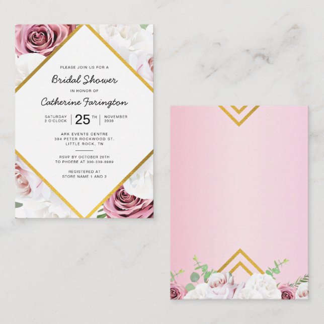 Tarjeta Pequeña Ducha nupcial Marco Geométrico De Oro Floral Rosa (Anverso / Reverso)