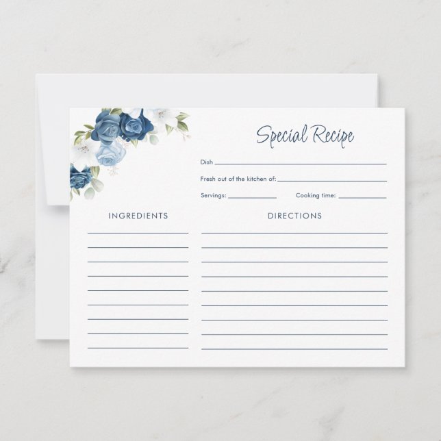 Tarjeta Pequeña Ducha nupcial Receta Floral Azul Dusty (Anverso)