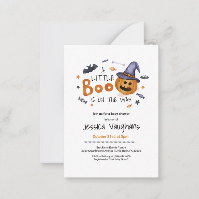 Tarjeta Pequeña Dulce calabaza de Halloween Little Boo Baby Shower (Anverso)