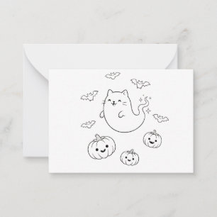 Tarjeta Pequeña Dulce Fantasma de Halloween Gato Calabazas Murciél
