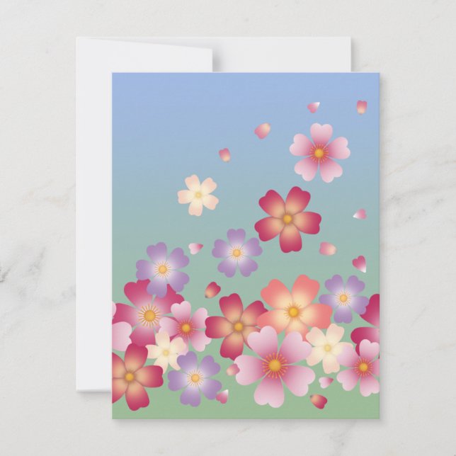 Tarjeta Pequeña Dulce Sakura Flores Kimono Estilo Azul y Verde (Anverso)