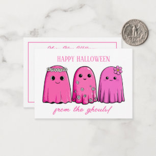 Tarjeta Pequeña Dulces fantasmas rosados de Halloween con flores