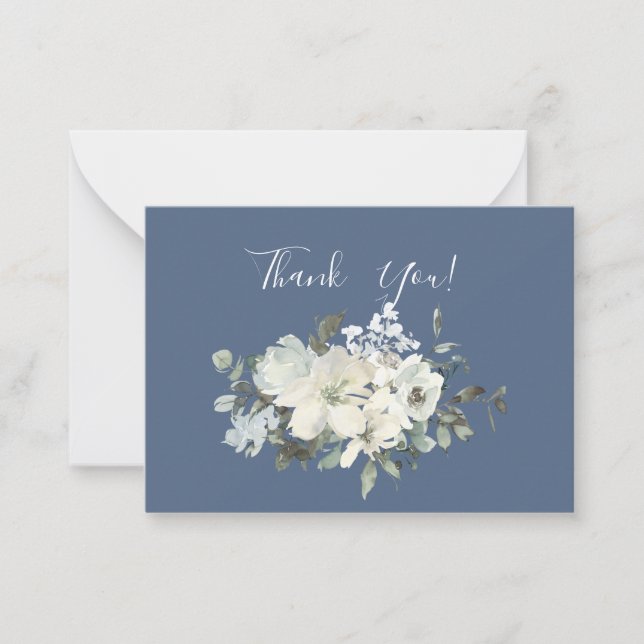 Tarjeta Pequeña Duste Blue & White Floral Gracias - Azul (Anverso)