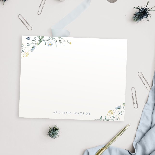 Tarjeta Pequeña Dusty Blue Boho Wildflower Estacionamiento persona (Dusty Blue Boho Wildflower Personalized Stationery Note Card)