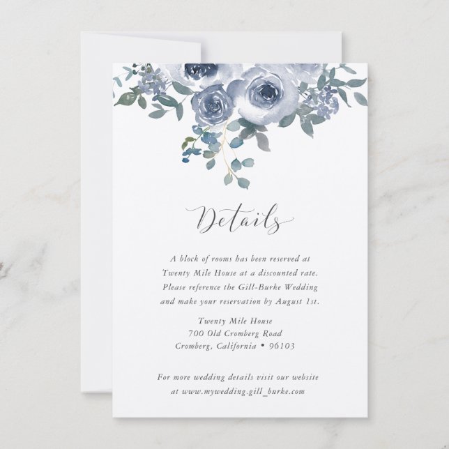 Tarjeta Pequeña Dusty Blue Floral and Grey Wedding Details Card (Anverso)