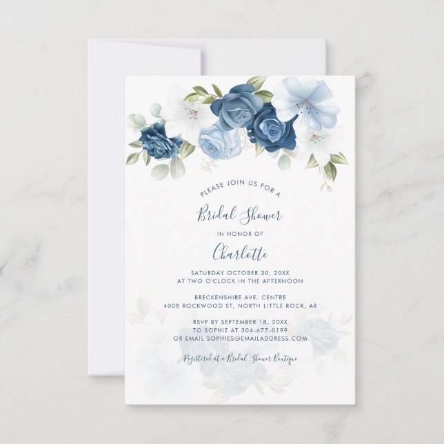 Tarjeta Pequeña Dusty Blue Floral Botanal Bridal Shower (Anverso)