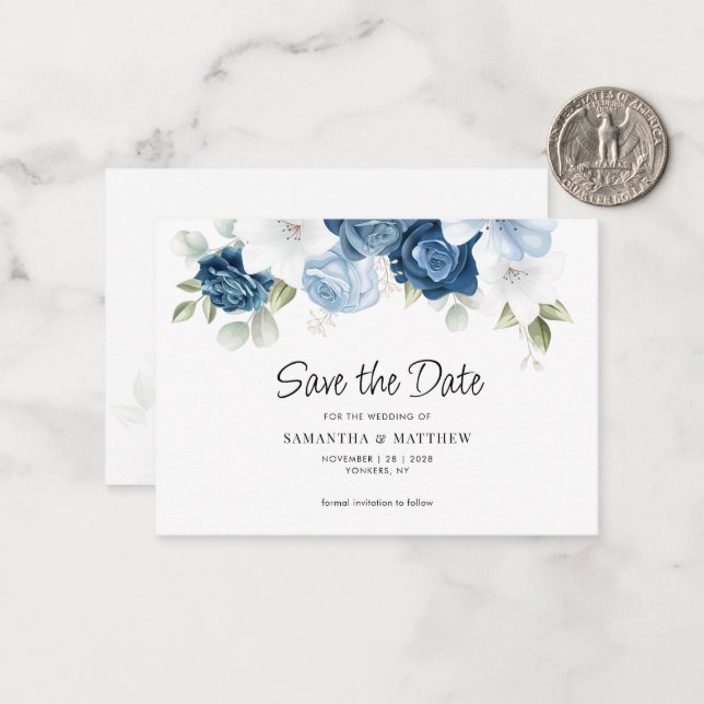 Tarjeta Pequeña Dusty Blue Floral Botanical Save the Date (Anverso/Reverso In Situ)