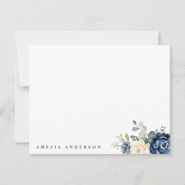 Tarjeta Pequeña Dusty Blue Navy Champagne Ivory Floral Wedding (Anverso)