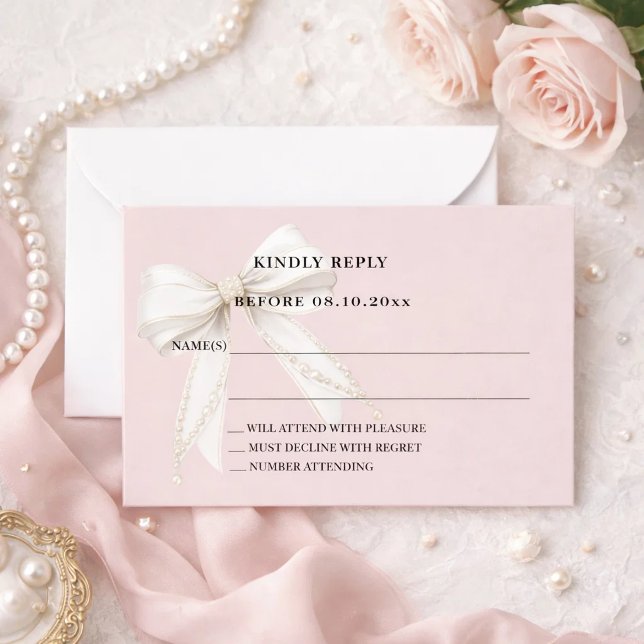 Tarjeta Pequeña Dusty blush pink ivory bow response RSVP (Subido por el creador)