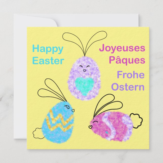 Tarjeta Pequeña Easter Egg-Bunnies Saludos Inglés Francés (Anverso)