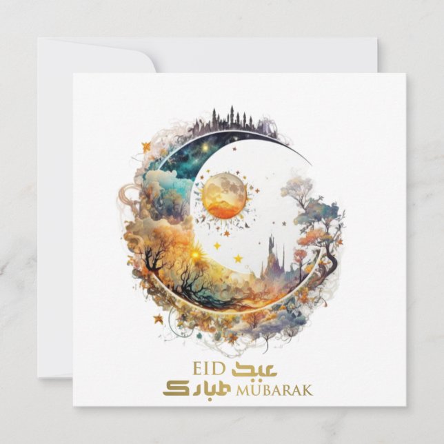 Tarjeta Pequeña Eid Mubarak Luna y la fantasía del sol saludan las (Anverso)