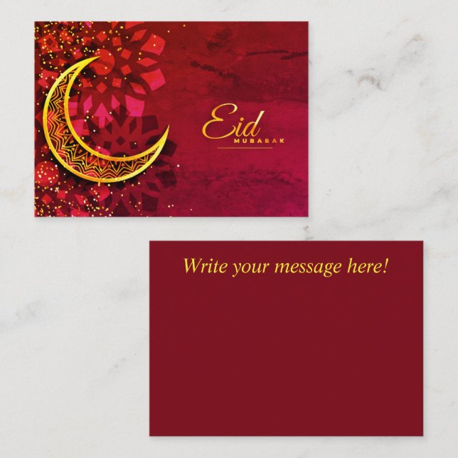 Tarjeta Pequeña Eid Mubarak Rojo y Dorado (Anverso / Reverso)