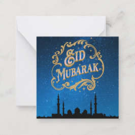 Tarjeta Pequeña Eid Mubarak Vía Láctea Azul en oro Textos