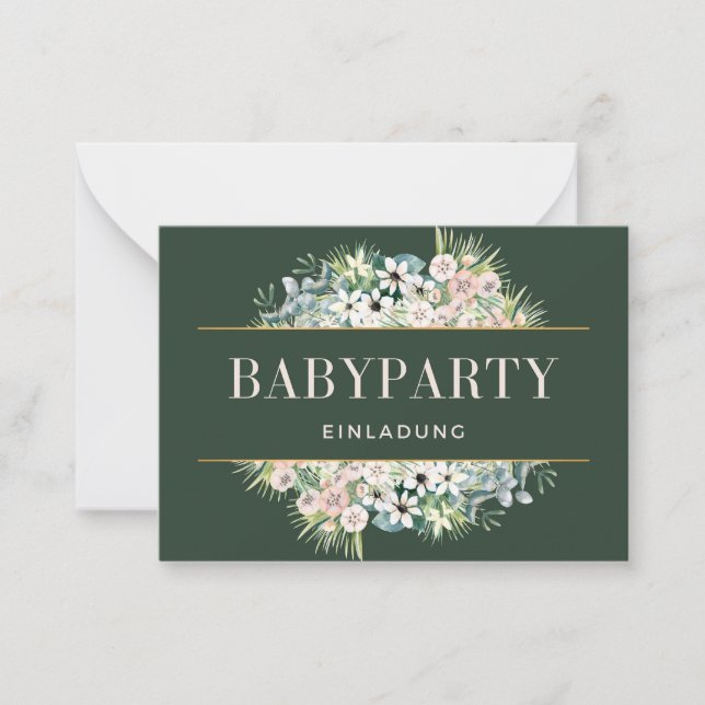 Tarjeta Pequeña Einladung Babyparty – Gold Grün Floral Babyshower (Anverso)