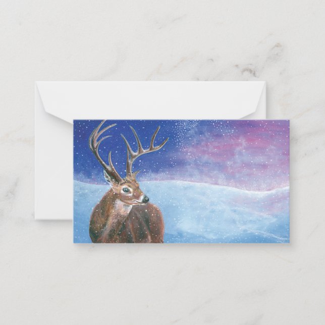 Tarjeta Pequeña El ciervo rojo Cervus elaphus en paisaje invernal  (Anverso)