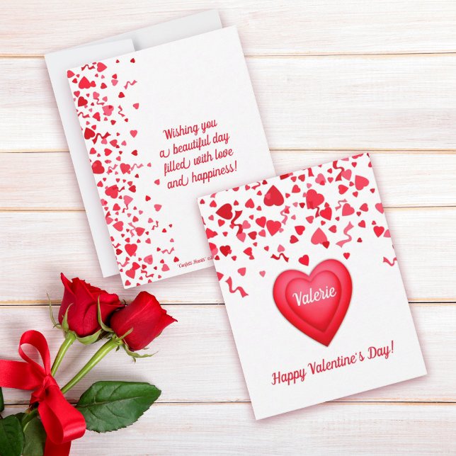 Tarjeta Pequeña El día de San Valentín Divertido Red Confetti Hear (Happy Valentine's Day Personalized Flat Note Card with fun red confetti hearts design
)