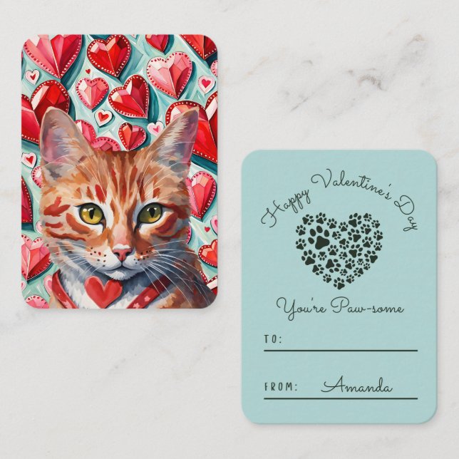Tarjeta Pequeña El Naranja 'pawsome' Tabby Cat Classroom Valentine (Anverso / Reverso)