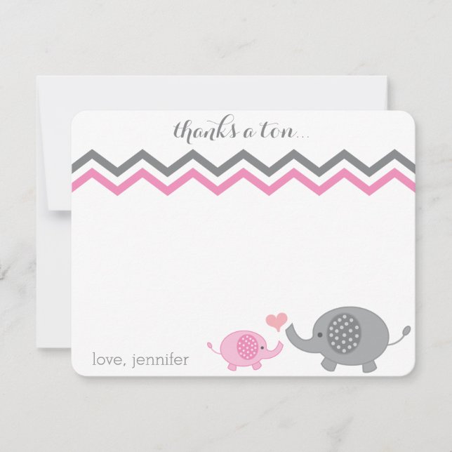 Tarjeta Pequeña Elefante Baby Shower Gracias Chevron Gris Rosa (Anverso)