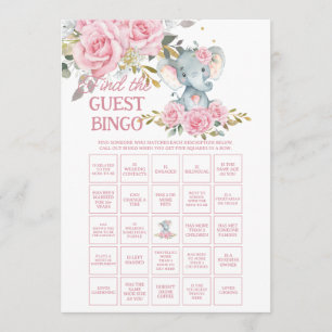 Tarjeta Pequeña Elefante Floral Rosa Encuentra al Invitado Bingo d