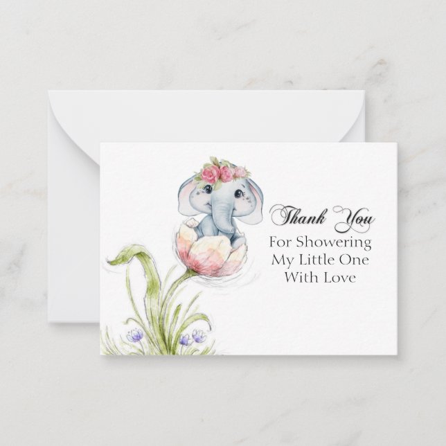 Tarjeta Pequeña Elefante lindo en las flores de Petales gracias (Anverso)