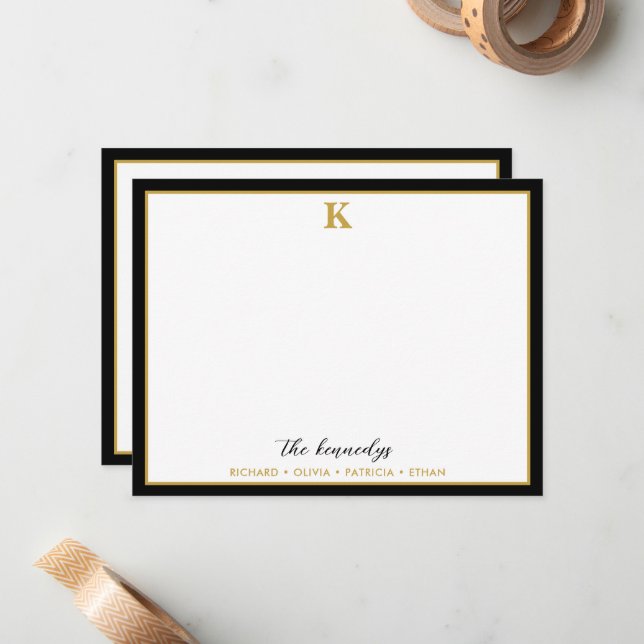 Tarjeta Pequeña Elegant Black And Gold Border Family Name Monogram (Anverso/Reverso In Situ)
