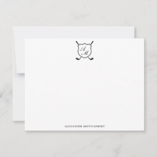 Tarjeta Pequeña Elegant Black Golf Monogram Crest Flat Note Card