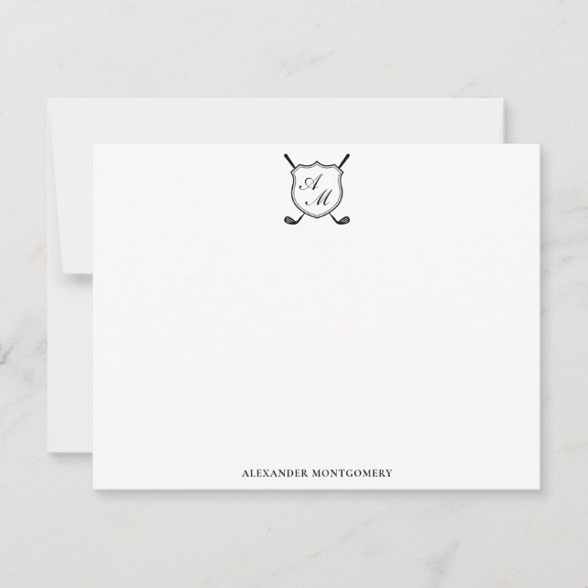 Tarjeta Pequeña Elegant Black Golf Monogram Crest Flat Note Card (Anverso)