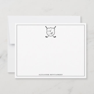 Tarjeta Pequeña Elegant Black Golf Monogram Crest Flat Note Card
