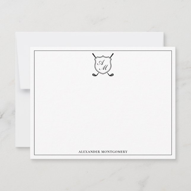 Tarjeta Pequeña Elegant Black Golf Monogram Crest Flat Note Card (Anverso)