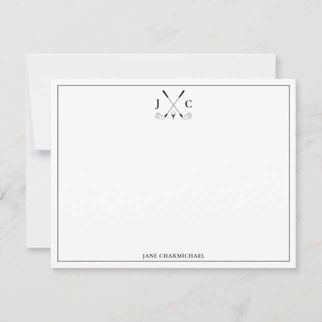 Tarjeta Pequeña Elegant Black Golf Monogram Flat Note Card (Anverso)