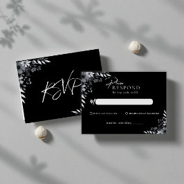 Tarjeta Pequeña Elegant Black Minimalist Floral Wedding RSVP
