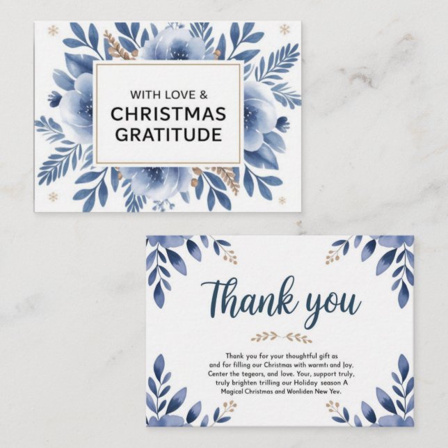 Tarjeta Pequeña “Elegant Blue Floral Christmas Thank You Card –  (Anverso / Reverso)
