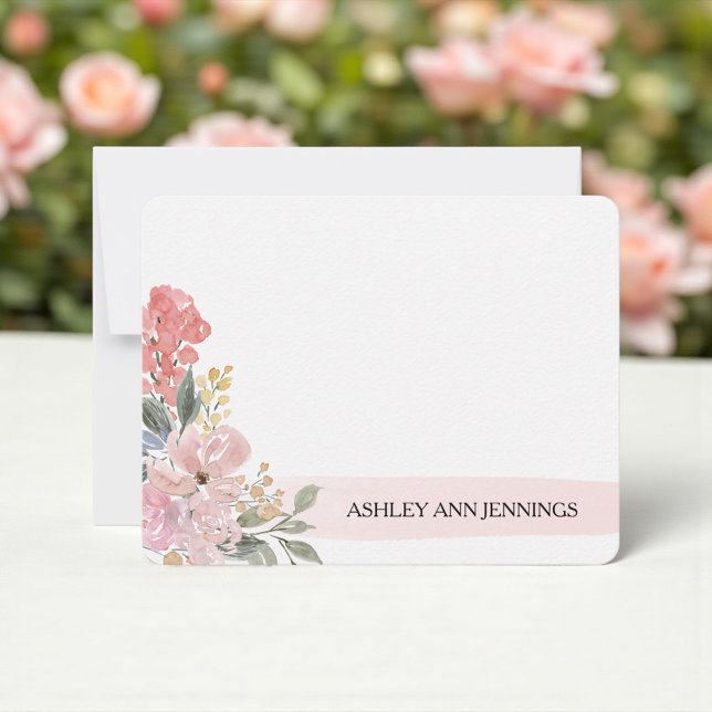 Tarjeta Pequeña Elegant Blush Floral Pink Personalized (Blush floral watercolor personalized notecard with elegant bouquet)
