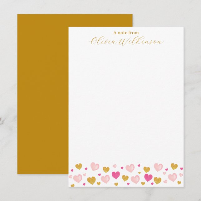 Tarjeta Pequeña Elegant Gold Script Nombre| Corazones de Acuarela (Anverso / Reverso)