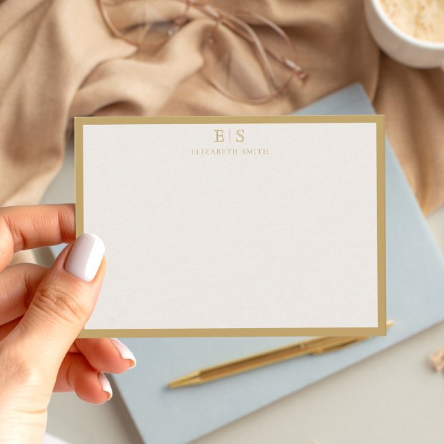 Tarjeta Pequeña Elegant Ivory Gold Border Monogram (Subido por el creador)